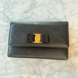 Salvatore Ferragamo Black Leather Clutch with Gold Buckle